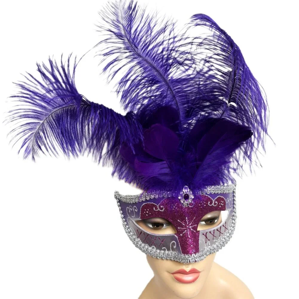 Mardi Gras Style Purple Silver Mask with Purple Ostrich Feathers EUC